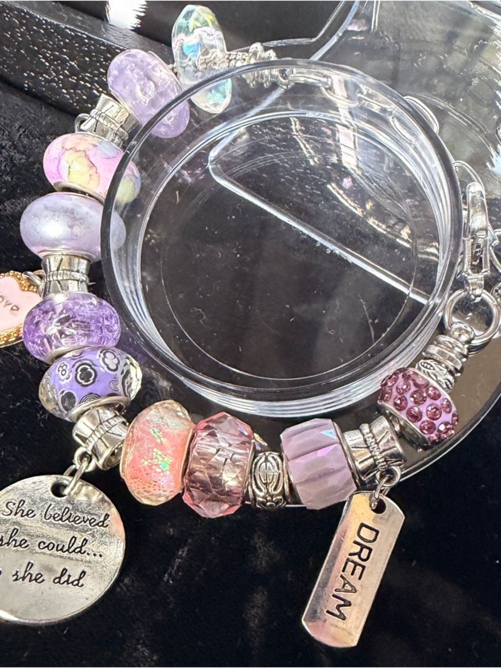 Dream Charm Multi-Purple, Pink, & silver Bead Snake Chain Bracelet